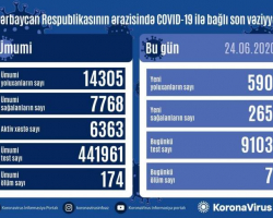 Azərbaycanda daha 590 nəfər koronavirusa yoluxdu, 265 nəfər sağaldı, 7 nəfər öldü