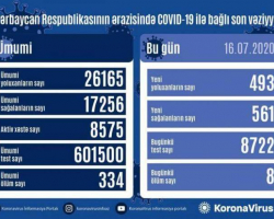 Azərbaycanda daha 493 nəfər koronavirusa yoluxdu, 561 nəfər sağaldı, 8 nəfər öldü
