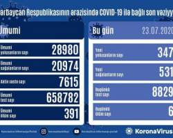 Azərbaycanda daha 347 nəfər koronavirusa yoluxdu, 531 nəfər sağaldı, 6 nəfər öldü